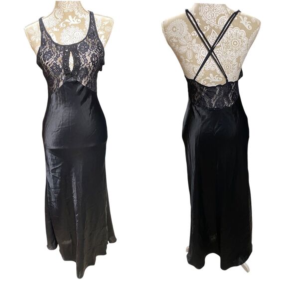 Vtg Val Mode Sz P/S black maxi slip Dress nightgown satin lace whimsigoth retro